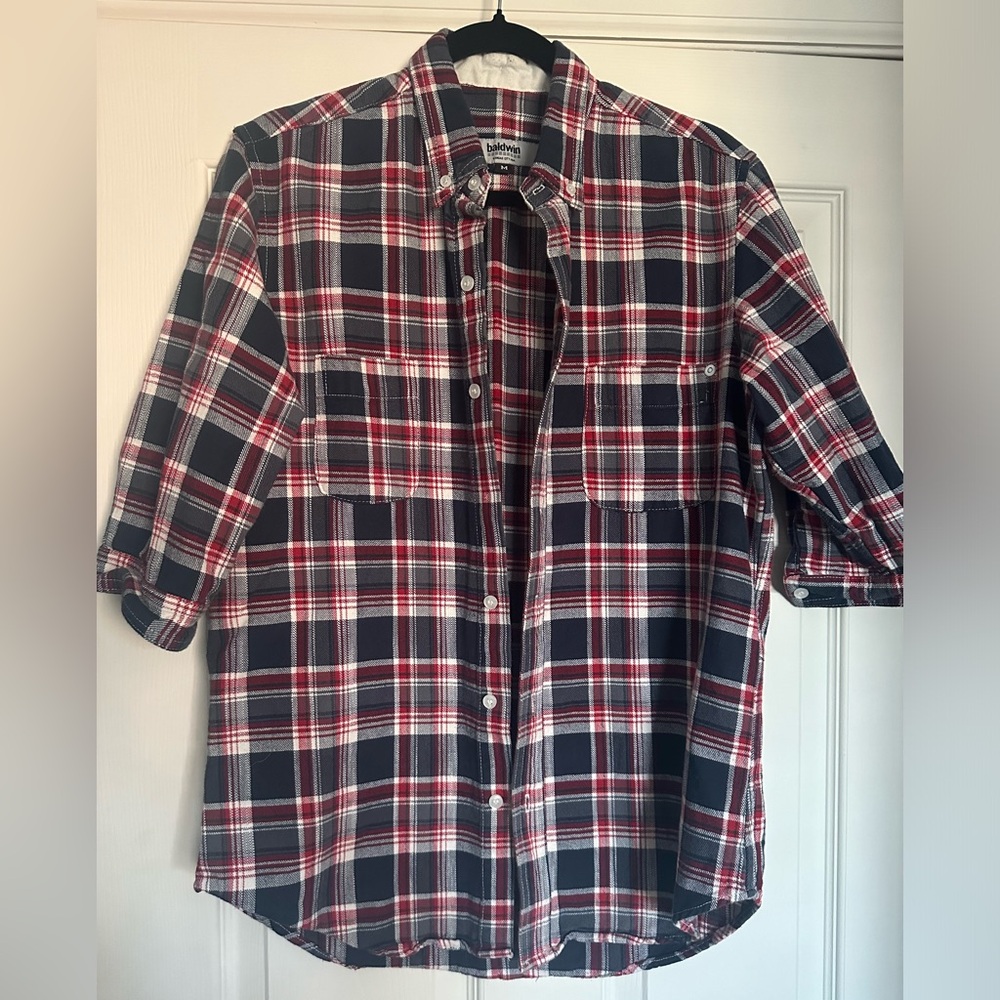 Baldwin KC Red and BluePlaid Flannel 3/4 Cuff Sleeves Button Up Wm M Pockets